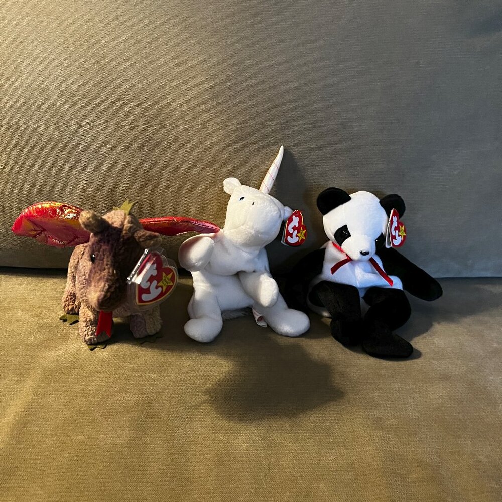 Lot of 3 Ty Beanie Babies – Fortune the Panda Bear, Mystic the Unicorn & Scorch